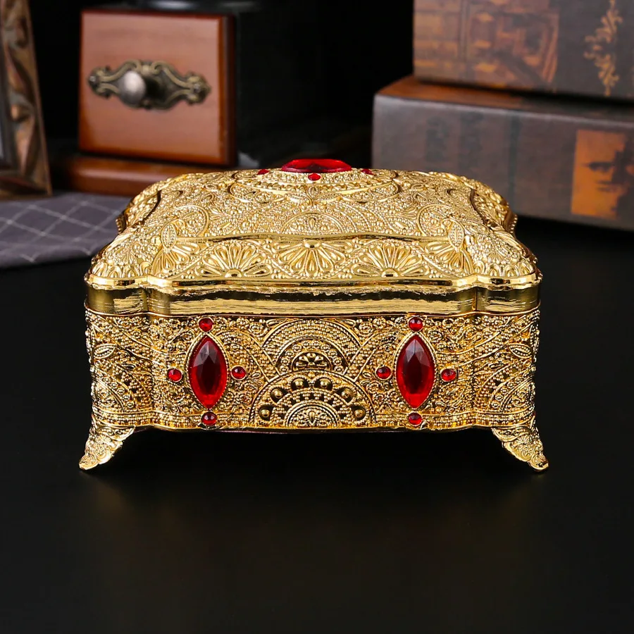 Retro Rectangle Gold Red Zircon Jewelry Box Treasure Chest Trinket Jewelry Box Ring Case for Girls Women