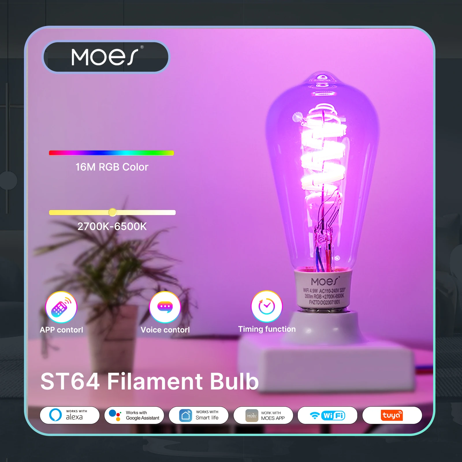 MOES Tuya WiFi Smart ST64 Edison LED Light Bulbs 16 Million RGB Color Changing 2700K-6500K Dimmable Work with Alexa/Google Home