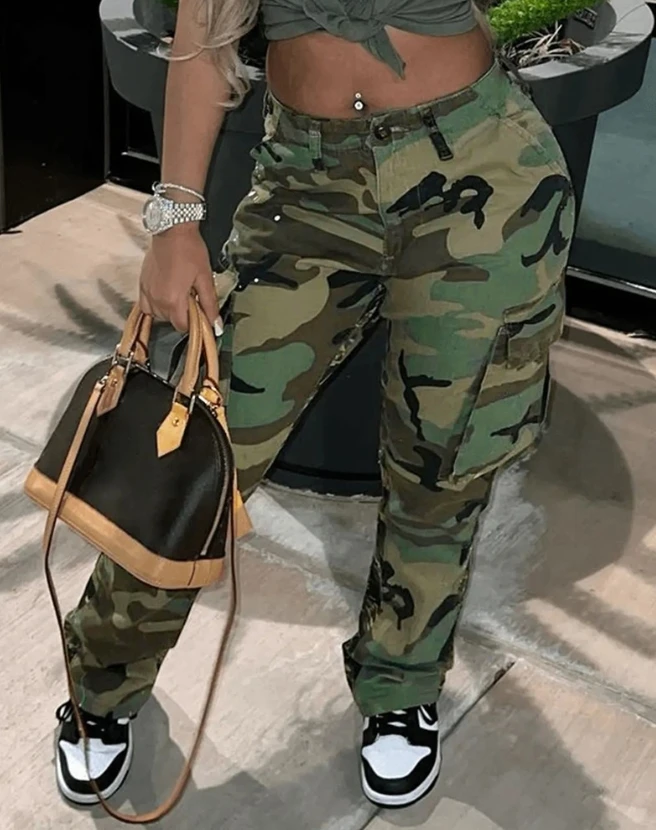 

Jumpsuit Women 2023 Summer Fashion Camouflage Print Button Pocket Design Casual High Waist Daily Long Cargo Pants Y2K Streetwear