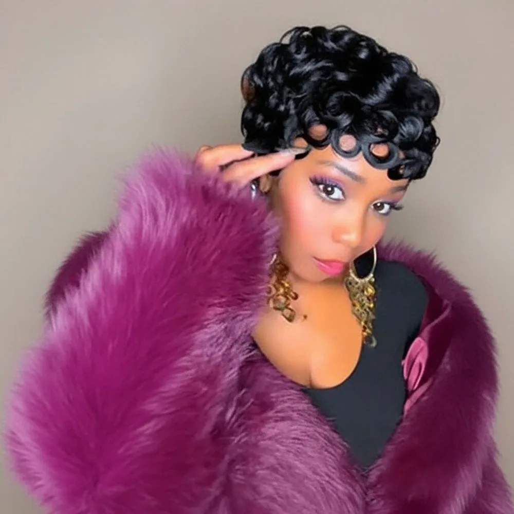 에그 컬리 픽시컷 가발 짧은 인모 가발 앞머리가 미리 뽑혀진 여성용 브라질리언 헤어 기계식 제작 즉시 착용 가능 자연스러운 가발