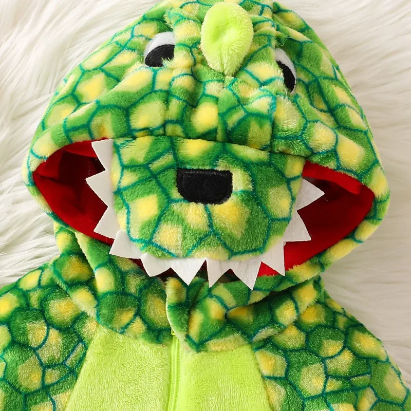 Newborn Baby Green Dinosaur Romper Hooded Bodysuit Animal Costume Jumpsuit Onesie Toddler Plush Warm Winter Playsuit