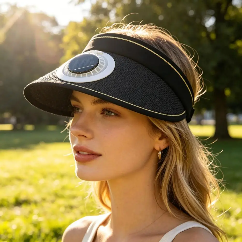 Sun Hat Empty Top Extended Brim Full Face Coverage Sun Protection Hat Solar Powered Built-in Fan Straw Hat Summer Sun Hats