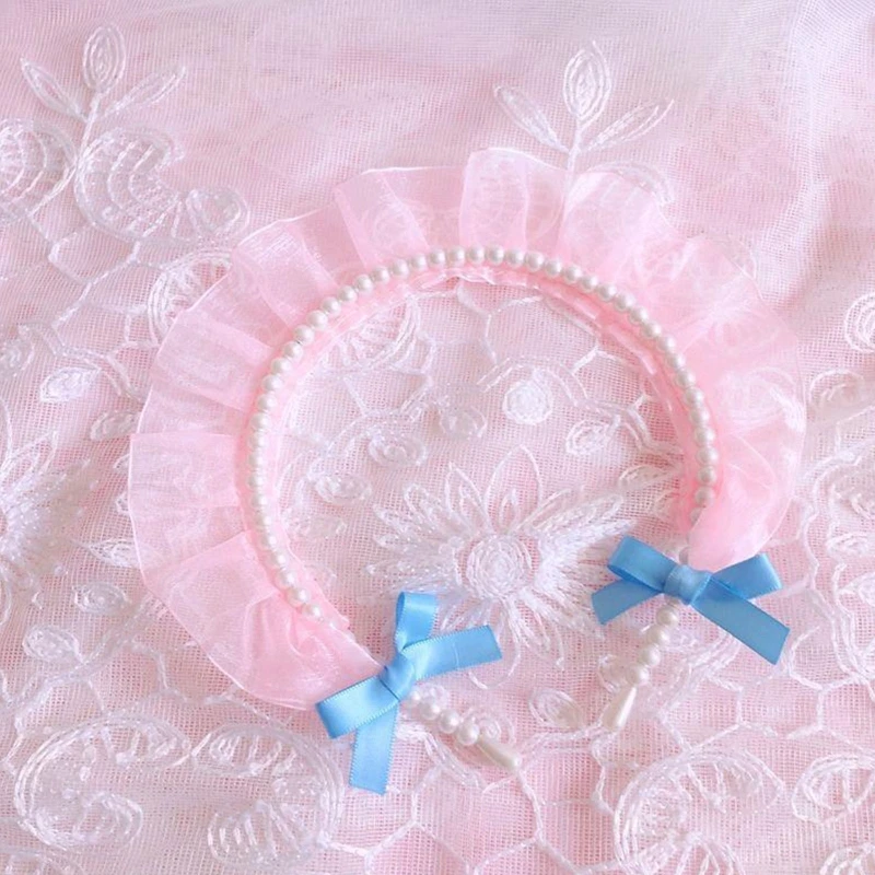 Lolita-Diadema de pelo de hilo plisado para mujer, decoración elegante de perlas, diadema de maquillaje de ala ancha, tocado de fiesta para sesión de fotos, accesorios de Cosplay de sirvienta