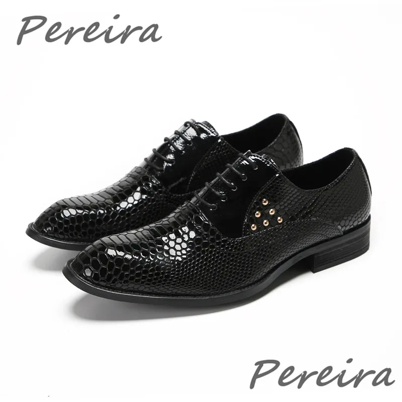 

Black Snake Pattern Lace Up Derby Shoes Men's Pointed Toe Patent Leather Business Dress Shoes Luxury Party Banquet Wedding Shoes