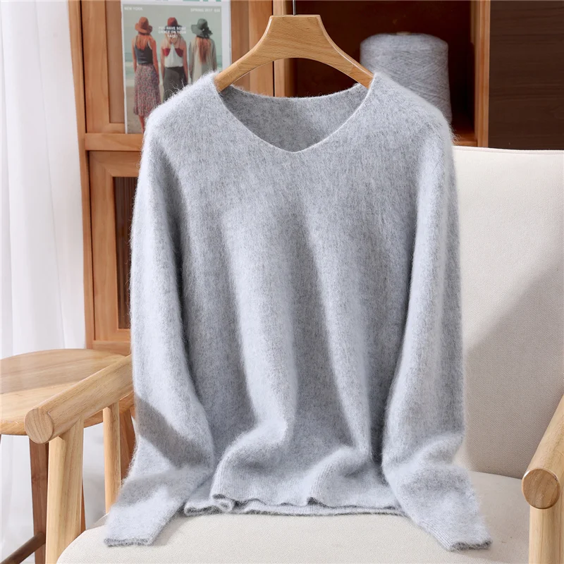 100% Mink Cashmere Sweater Women's Autumn Winter New Style Solid Color V-Neck Plus Size Knitted Sweater Versatile Loose Base Top