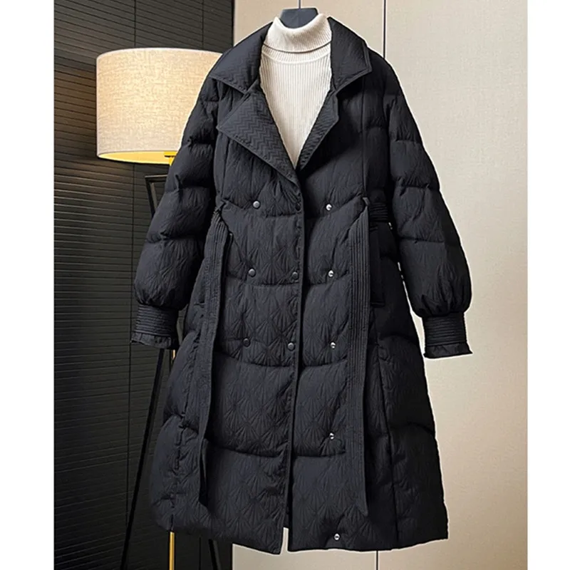 90%ホワイトダックダウンダウンジャケット2025冬新作女性ファッションスーツカラー厚手ダウンコートレディースレースアップロングパーカーオーバーコート