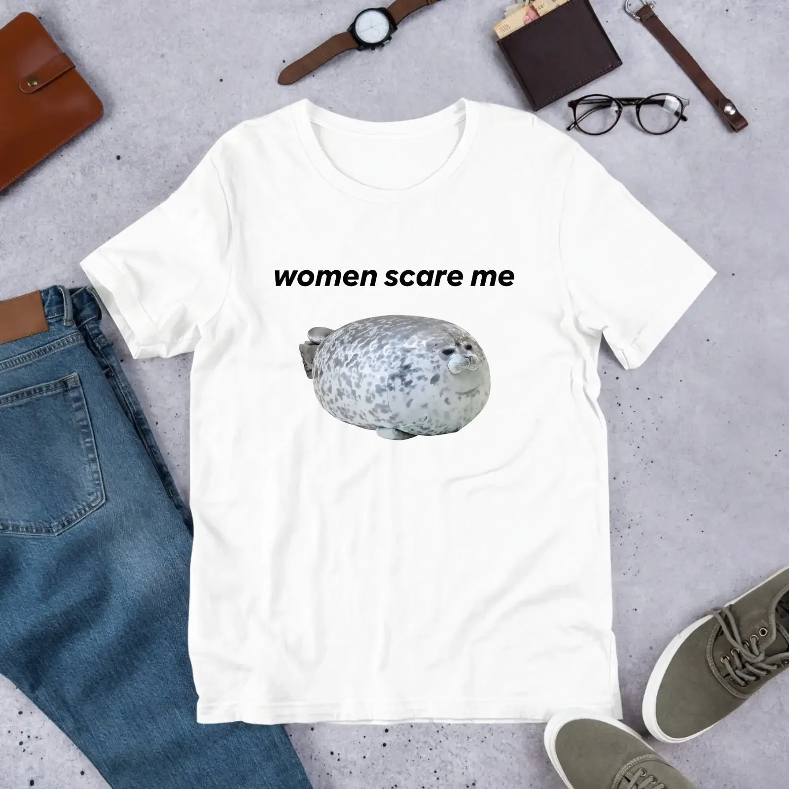 Women Scare Me Chubby Seal Meme T Shirt Funny Ironic Unhinged Weirdcore Clothing Casual Joke GifT vintage Washed fashion