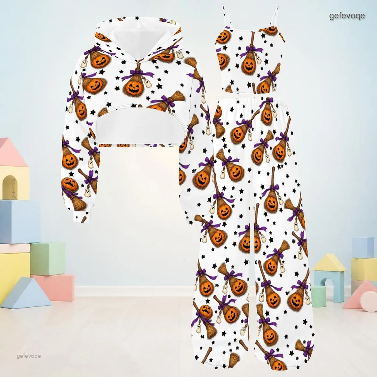 Autumn Graphic Print Girls 3 Piece Outfit Girls Hooded Festive Children Clothing Party Wear