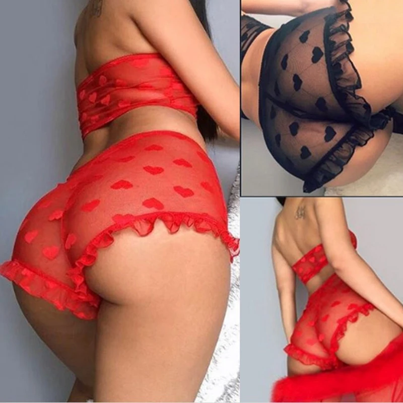 2 Piece Heart Printed Mesh Lingerie Set Sexy Transparent Lace Bra And Thong Set Seamless Lenceria Erotic Fancy Intimate