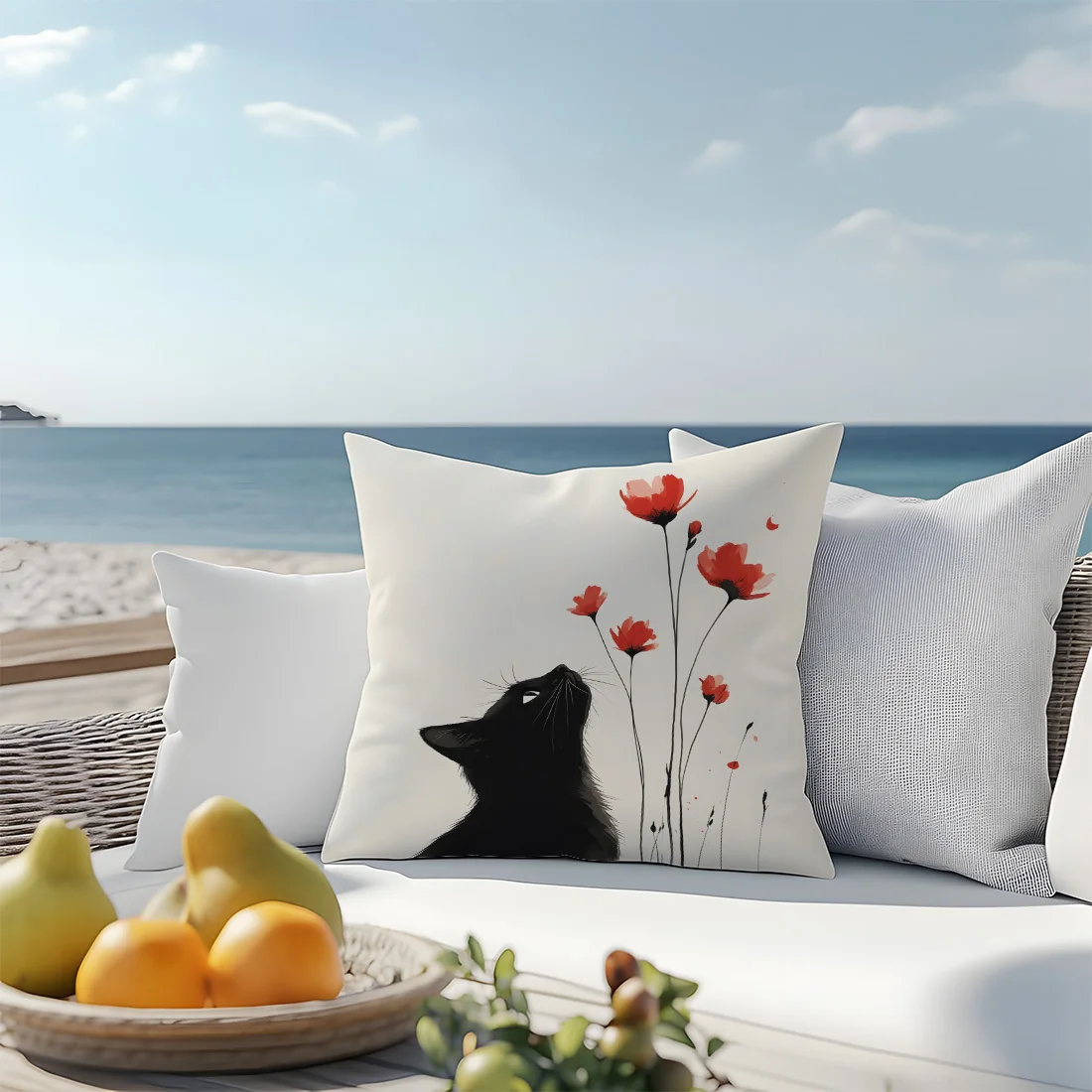 Minimalist Black Cat Red Poppy Pillow Cover Artistic Ink Print Adorable Kitten Cushion Case for Sofa Bed Couch Cozy  Home Decor