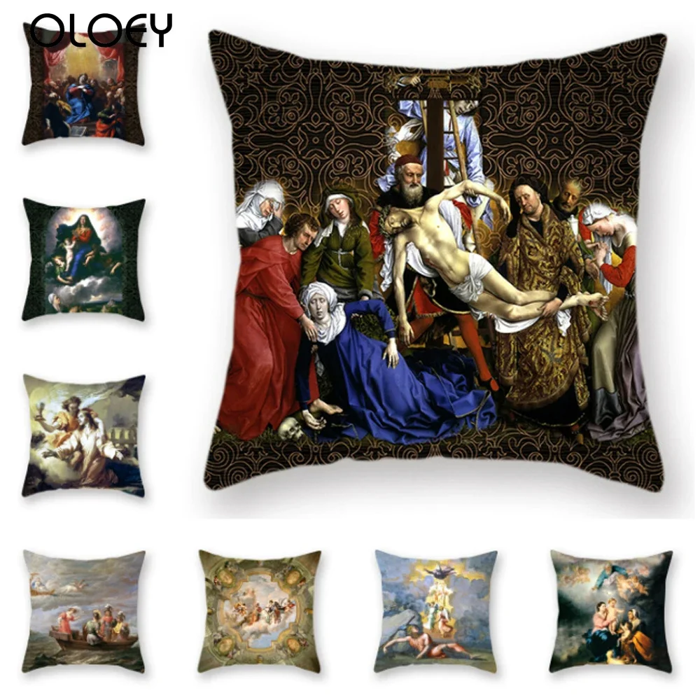 

Oil Painting Religious Pattern Sofa Throw Pillowcase Portrait Print Car Chair Decorative Cushion Cover 45x45cm Fundas De Cojin