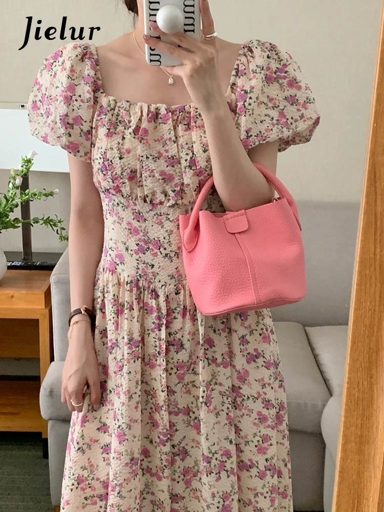 

Jielur Korean French Floral Slim Waist Puff Sleeve Women Dress Square Neck Short Sleeve Slim Dresses Fashion Ladies Sweet Dress