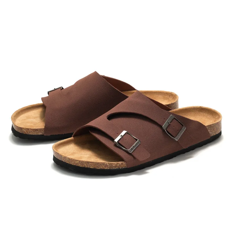 New Summer Men Cork Slippers Unisex Shoes Women Casual Beach Double Buckle Non-slip Outside Soft Leather Slip on Slides white