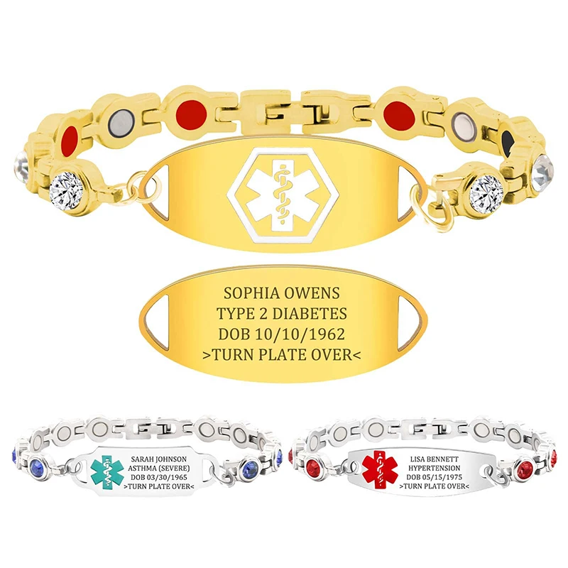 

Custom Medical Bracelets Personalized Medic ID Bracelet Custom Stainless Magnetic Therapy Bracelet ID Wristband for Women Men