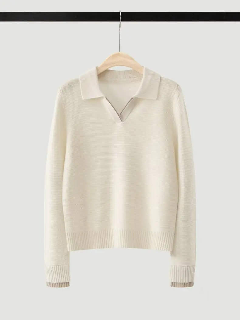 2026 Autumn/Winter New Retro Collar Wool Sweater For Women, Color Block V-Neck, High-End Wool Sweater