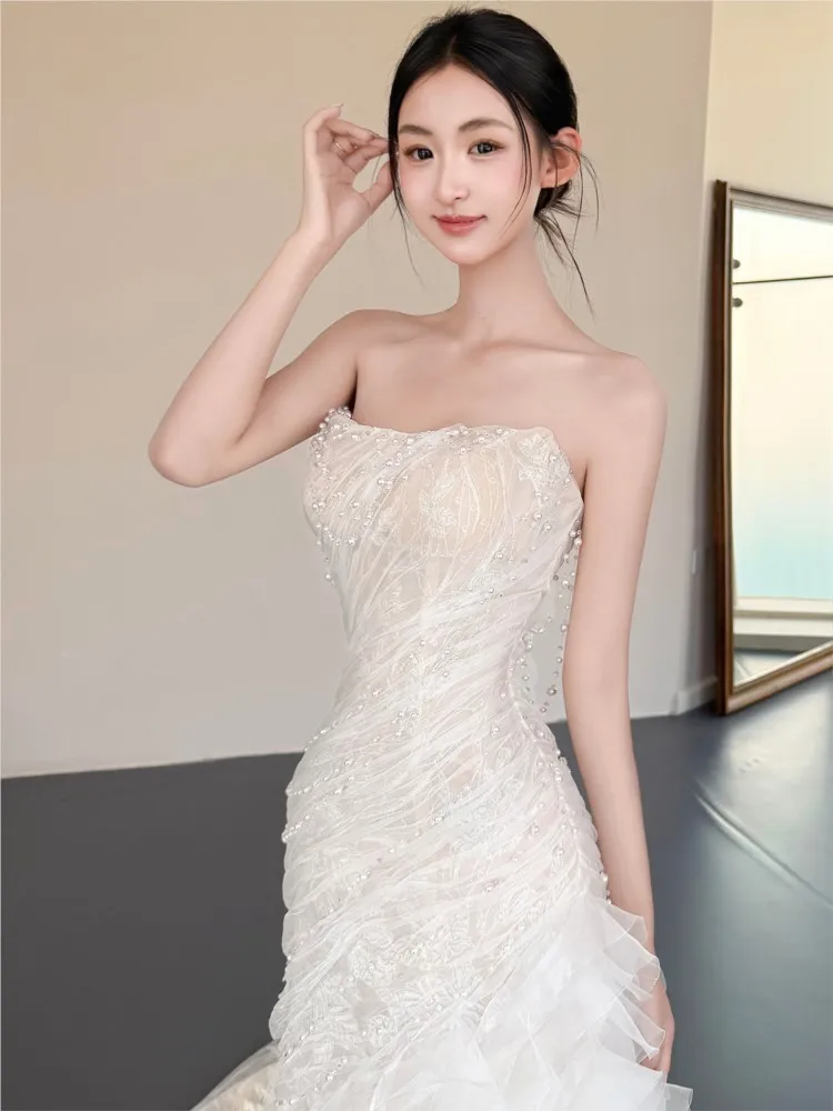 Strapless heavy industry luxury haute couture fishtail main trailing dress for welcoming guests and going out