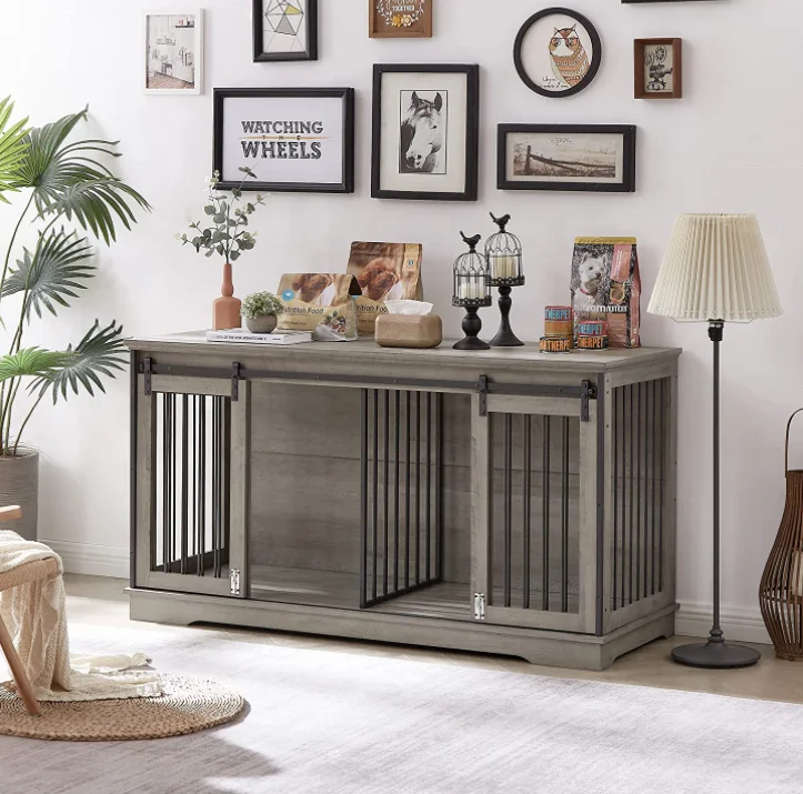 

Large Dog Crate Furniture for 2 Dog Wood Dog Crate Cage Furniture With Removable Divider Sliding Door TV Stand Indoor Kennel