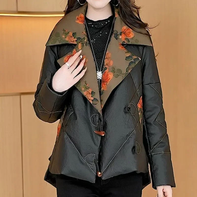 

New Autumn Winter Vintage Print Suit Collar Down Cotton Jacket Women Parka Loose Short Warm Padded Coat Female Mom Outwear B1422
