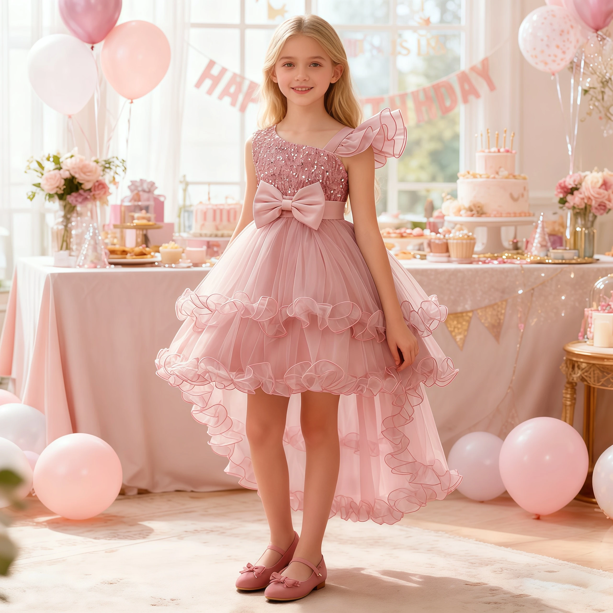 Mode Pailletten Geburtstag Party Mädchen Kleid Elegante Blume Hochzeit Prom Prinzessin Kleider für Mädchen Bogen Brautjungfern Abend Kostüme