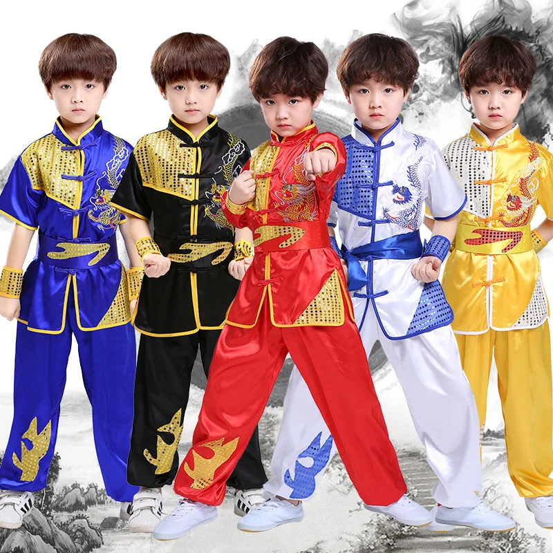 Conjunto de ropa de estilo tradicional chino para niños, uniformes de Tai Chi y Kung Fu de rendimiento largo y corto, bordado de dragón de lentejuelas