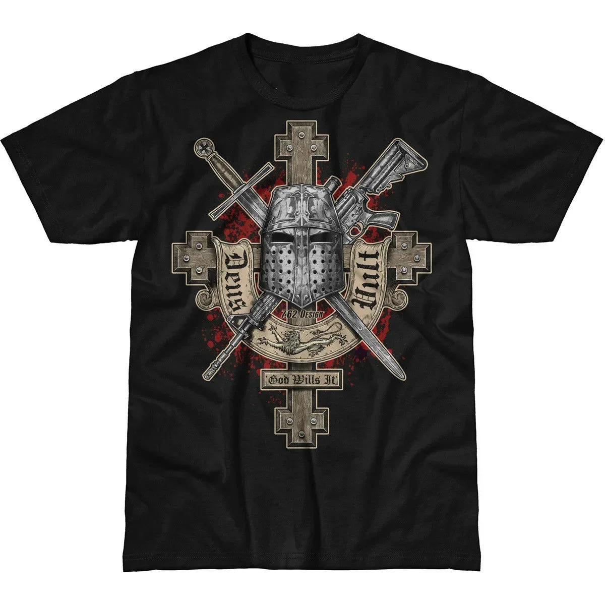 Summer Cotton Short Sleeve O-Neck Mens T Shirt New Vult (God Wills It). Cool Design Cross Weapon Crusader Helmet T-Shirt.