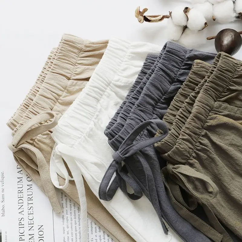 Women's 2026 Summer Cotton Linen Elastic High Waist Wide Leg Bermuda Shorts Loose Casual Home Breathable Slimming Korean Chic