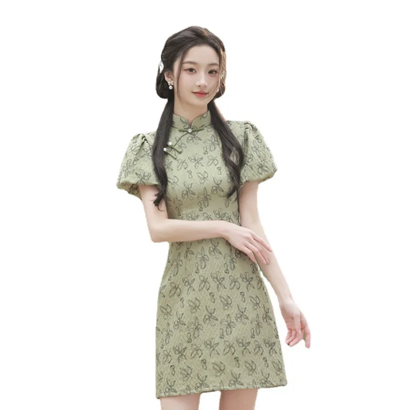 تنورة صغيرة بأكمام منتفخة قصيرة من شيونغسام تشي باو للربيع والصيف، كاجوال للفتيات لتحسين الموضة الجديدة