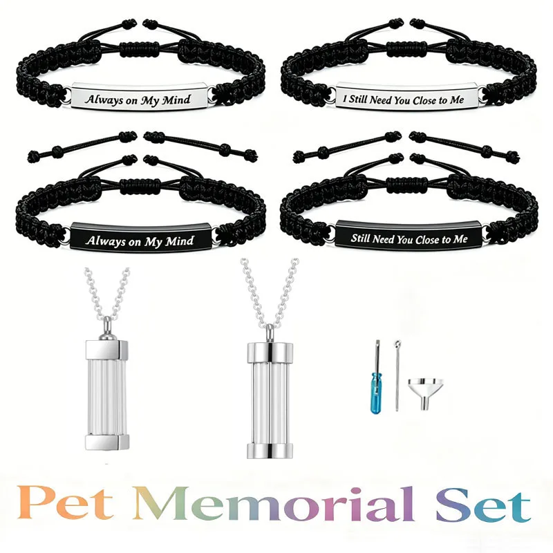 

Pet Ashes Memorial Set Adjustable Engraved Bracelets & Glass/Stainless Steel Urn Necklace, DIY Pet