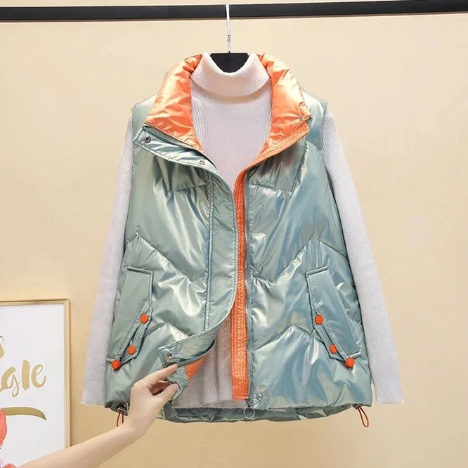 New Autumn Winter Women's Down Cotton Vest Girls' Versatile Student Bright Fabric Vest Warm Casual Outdoor Coat Green