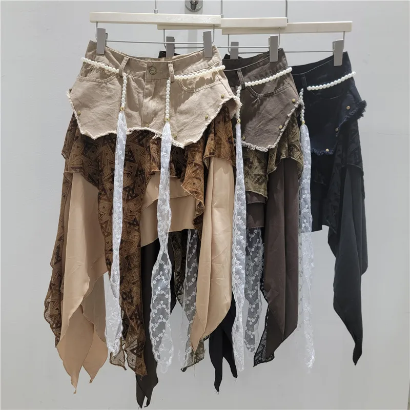 

Irregular Patchwork Design Beads Belted Midi Skirt - 2026 Summer Hot Girl Unique Chic Skirt