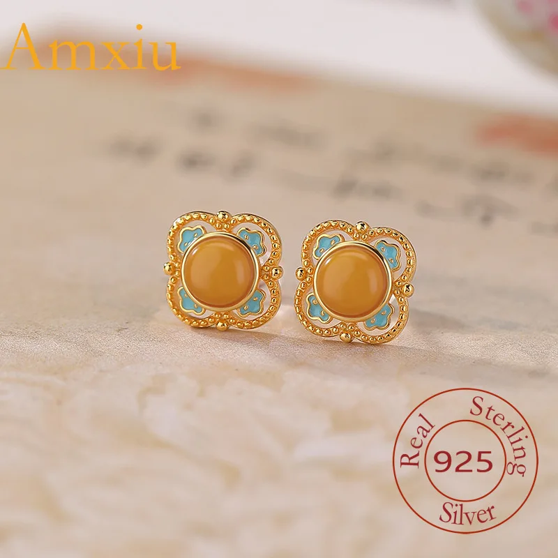 Amxiu Sterling Silver 925  Honey Wax Gold-Plated Square Ruyi Enamel Color Tooth Pattern Hollow Style Silver Earrings