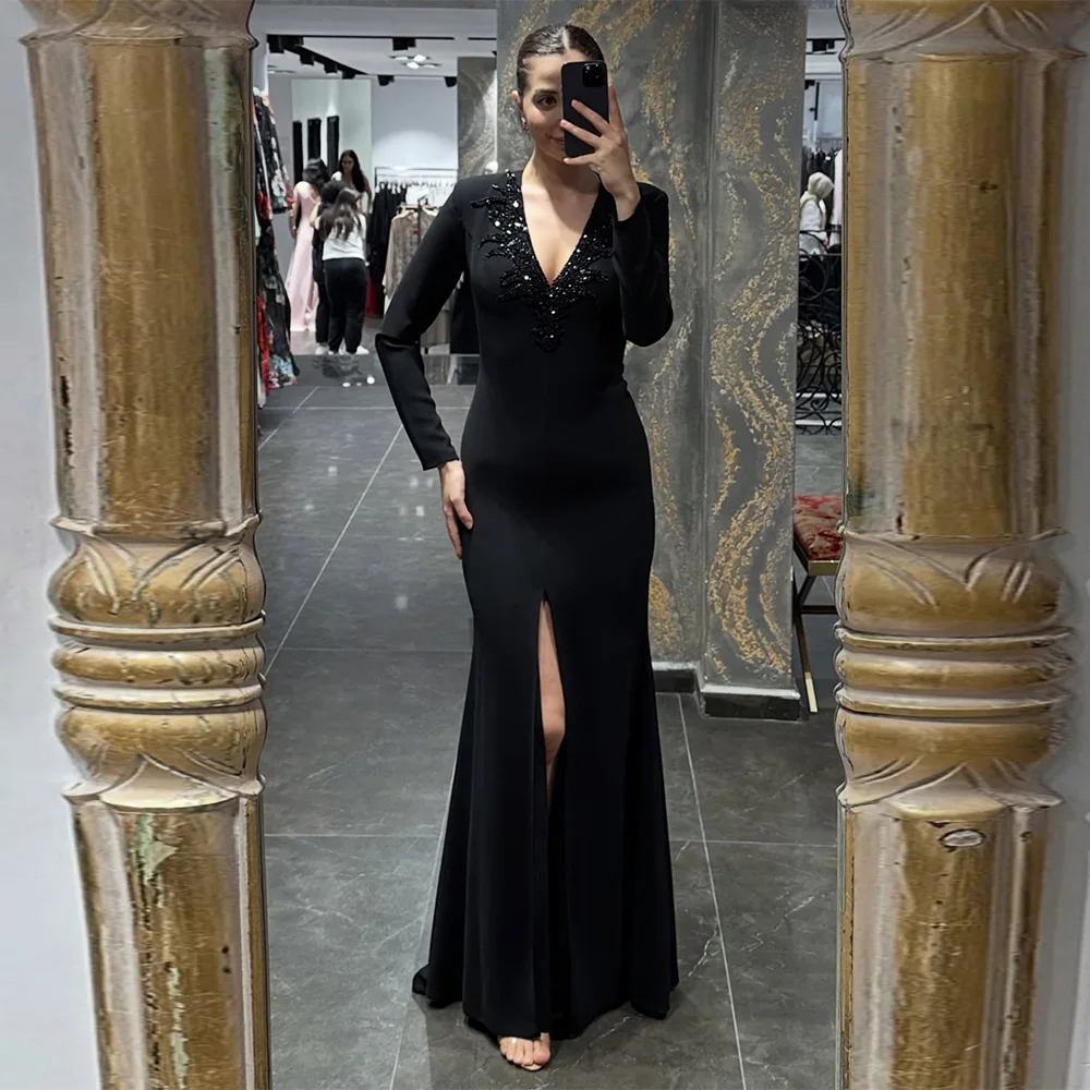 

Customized Elegant V-Neck Long Sleeves Evening Dress High Quality Beading Mermaid Party Dresses Split Zipper Back Prom Dress