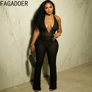 Fagadoer sexy Deep V Spitze Perspektive Halfter einteilige Overalls Frauen ärmellose rücken freie Schnür-Spiel anzüge Mode Clubwear