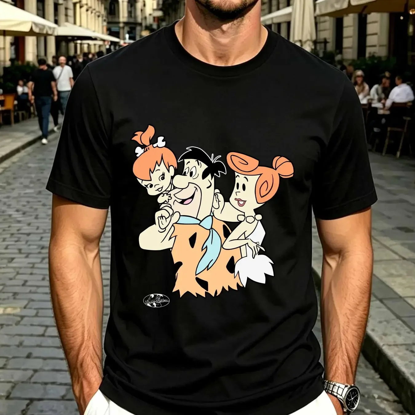 washed T Shirt vintage 80s FLINSTONES FRED WILMA PEBBLES CARTOON TV SHOW BLACK LARGE L vintage Washed homme Casual streetwear