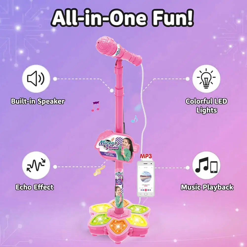 Kids Karaoke Microphone Toy with Adjustable Stand Up to 100cm LED Flashing Lights Durable Party Karaoke Microphone Stand