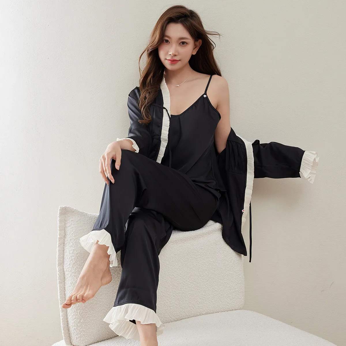 

Female Pajamas Set Lingerie Women Ruffles Robe Strap Top Trousers Pijamas Suit Satin Sleepwear Homewear