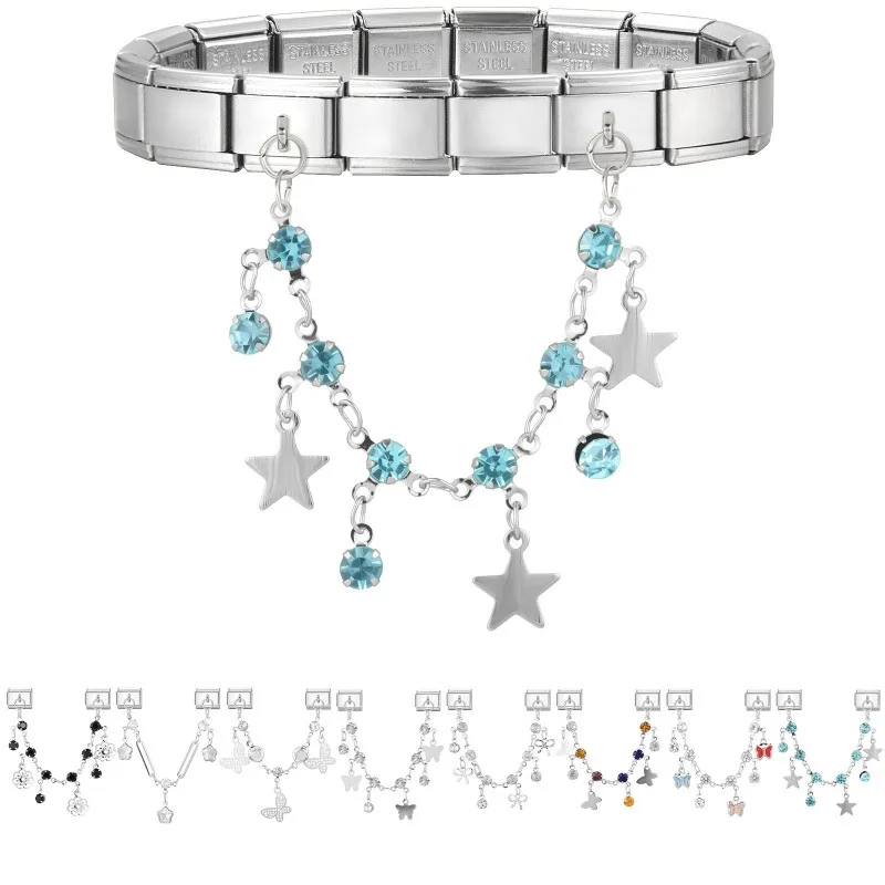 Women New Colorful Butterfly Zircon Sliver Heart Tassel Chain Italian Charms Fit 9mm Stainless Steel Bracelet DIY Jewelry Gift