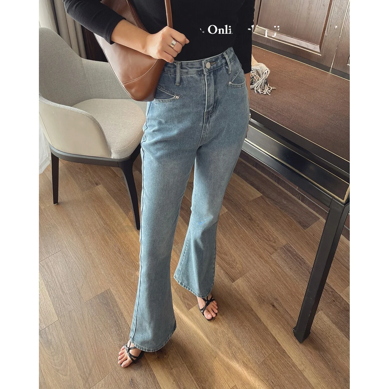 

High Waist Slim Fit Women's Jeans Light Blue Bell Bot Straight Leg Faionable Coated Denim Zipper Closure All Seasons
