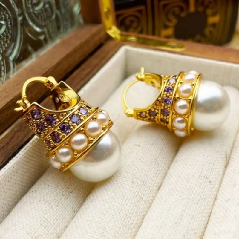 Elegant Vintage Synthetic Pearl Pendant Earrings For Women Golden Color Court Style Dangle Earrings Fashion Jewelry