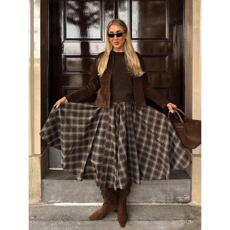 

Fashion Plaid Printed Pleated Long Skirt For Women Autumn Elegant High Waist Midi Skirts Christmas Street Chic Party Skirts