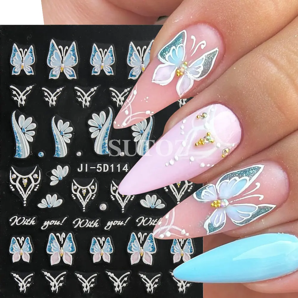 5D Colorful Flowers Nail Stickers Butterfly Rose Spring Summer Decals Macarone Nail Sliders Relief Art Manicure Decors LEBJI-5D