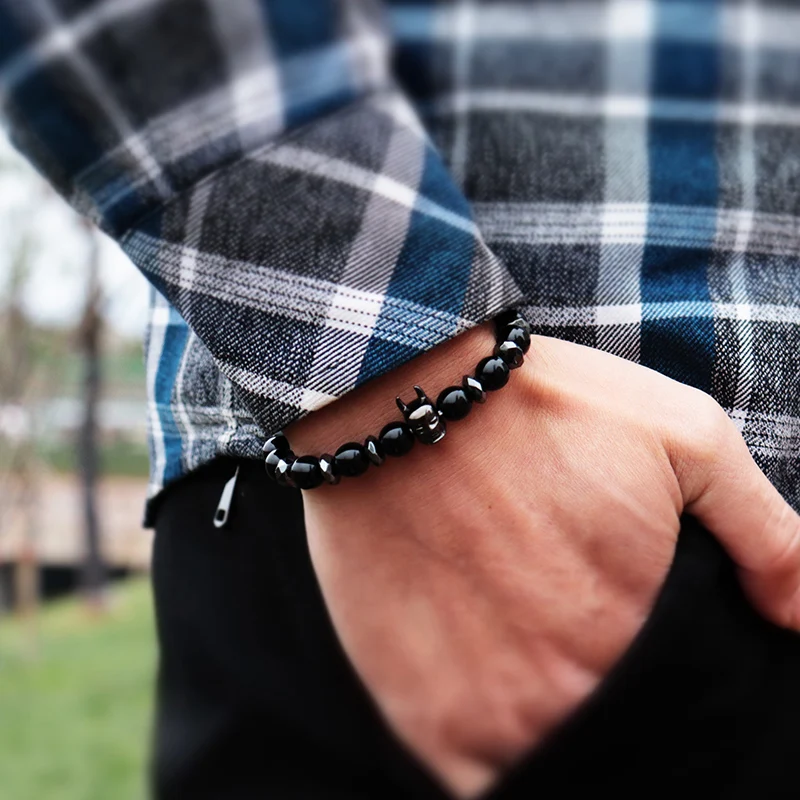 Stylish Warrior Helmet Bracelet Men Crown Natural Obsidian Healing Hematite Brazalete Luxury Husband Gift Meditation Pulseira