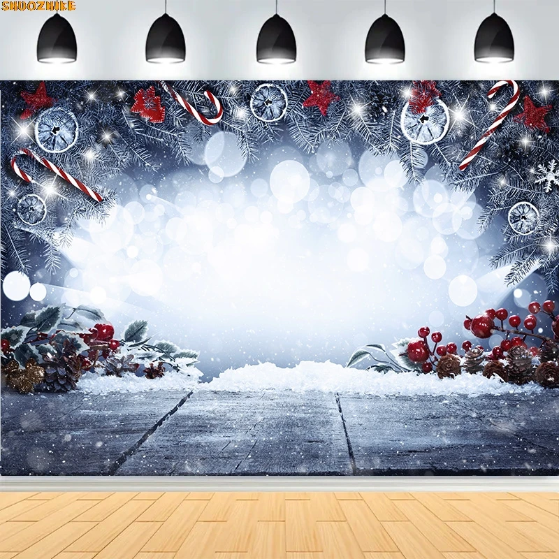 

Snowy Wooden Table Christmas Day Ornament Background Abstract New Year Party Halo Defocused Lights Photography Backdrops XA-02