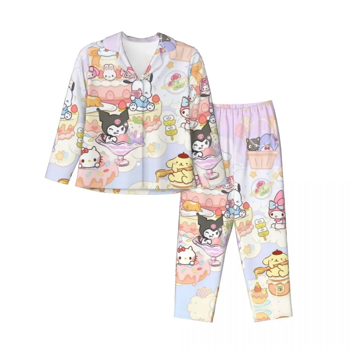 

Sanrio Characters Hello Kitty Kuromi My Melody Women's Pajamas Set Button Down Pajama 2 Piece Suit Pyjama Nightwear Loungewear