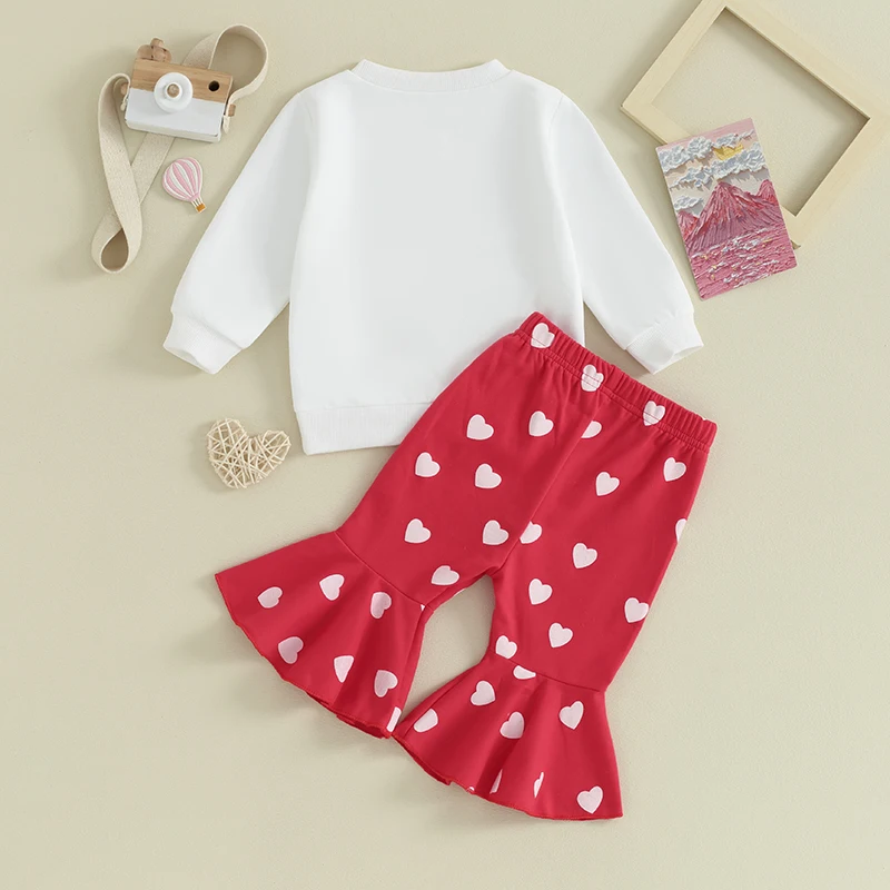 Baby Girl Red Valentine'S Day Hoodie Two-Piece Set Long Sleeved Letter Printed Hoodie Paired With Heart-Shaped Flared Pants