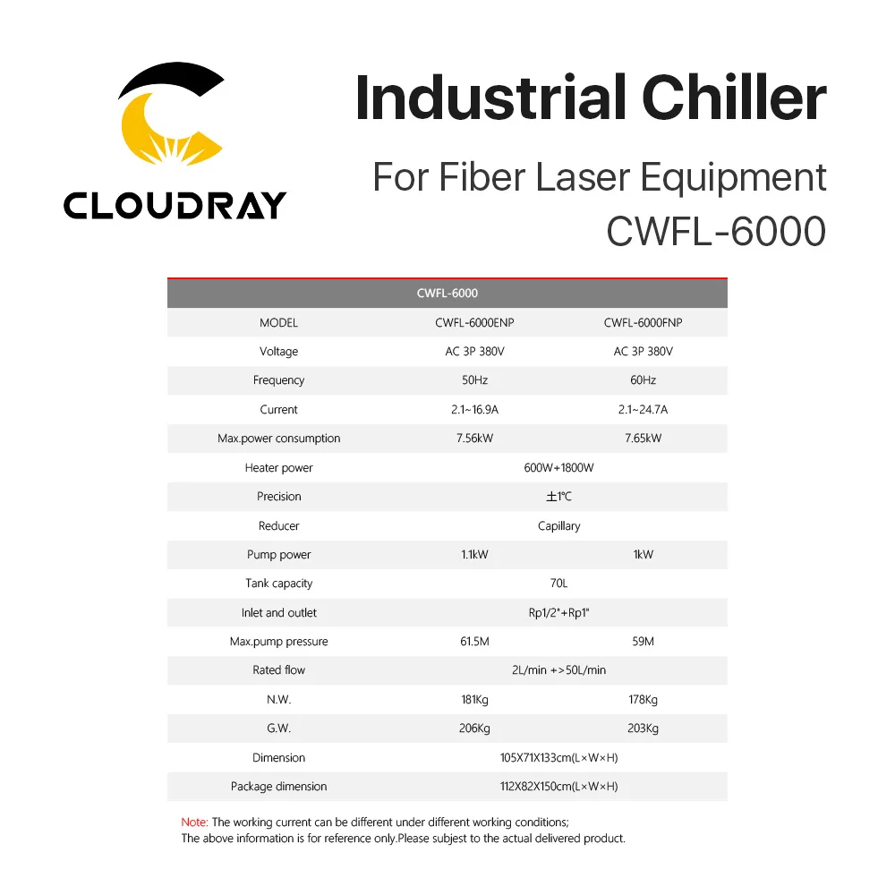 Cloudray الأصلي S & A مبرد صناعي CWFL-6000 380 فولت 50/60 هرتز 50L/دقيقة تصنيف تدفق لنظام تبريد المياه آلة الصناعية