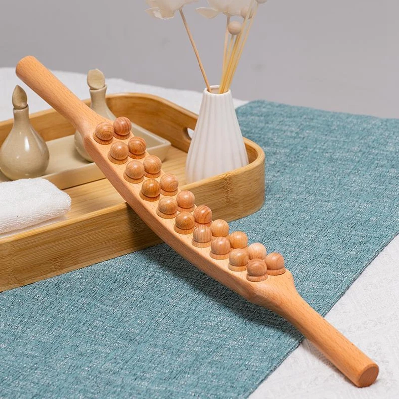 Natural Wood Scraping Massage Stick Double Row 20 Beads Back Leg Body Massager Spa Therapy Tool Point Treatment Gua Sha Relax