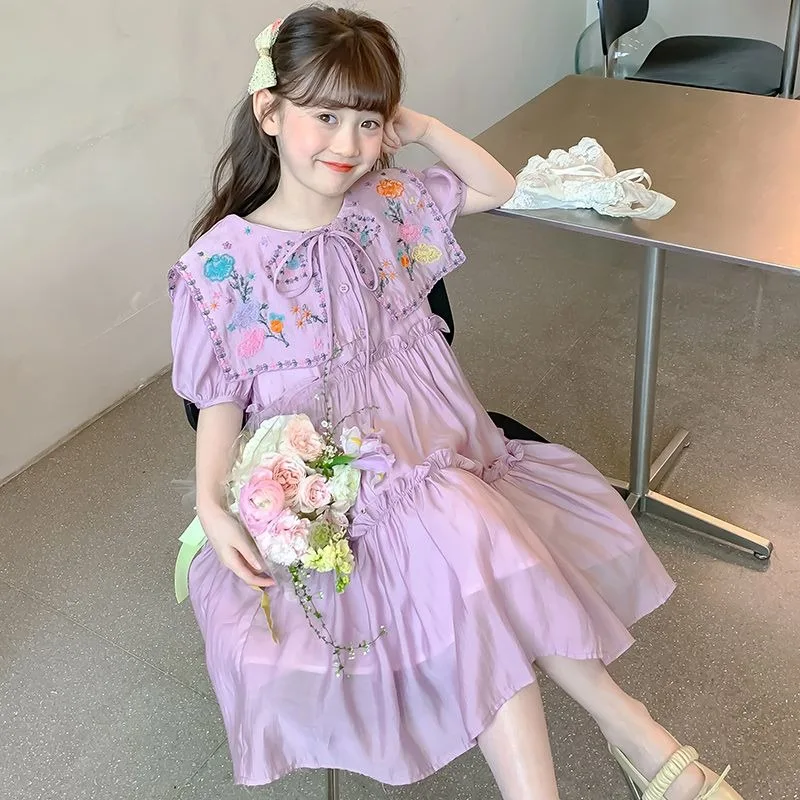 Korean Version Fashion 4-12Y Girl Flower Printed Princess Cake Dress Summer Sleeveless Chiffon Teens Beach Vacation Clothes