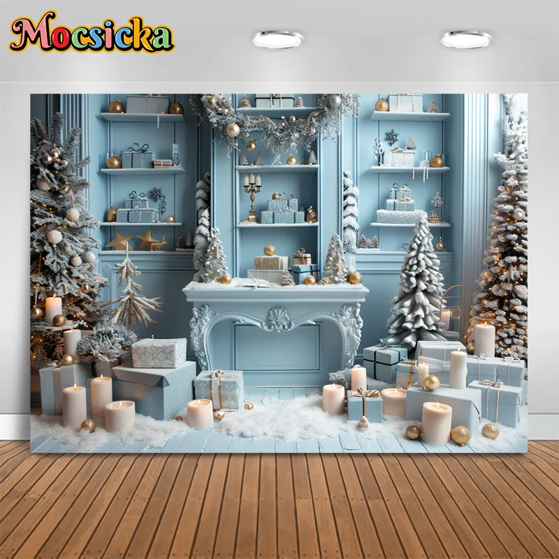 Merry Christmas Photography Background Baby Blue Gift Cabinet Stand Xmas Tree Candle Backdrop Decor Child Winter Birthday Party