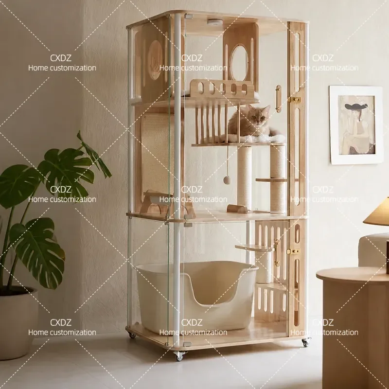 Liwu Xingyu series solid wood panoramic cat villa can put automatic cat litter box tempered glass wooden indoor cat litter
